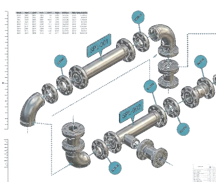 Ilustração técnica de conjunto de spools de tubulação com marcações de solda