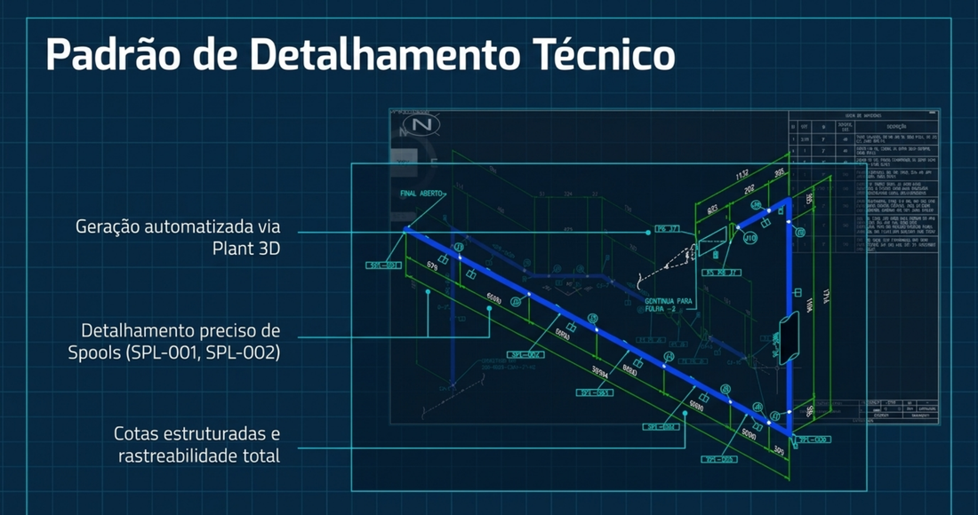 Slide técnico "Padrão de Detalhamento Técnico" mostrando geração automatizada via Plant3D, detalhamento de spools e cotas estruturadas